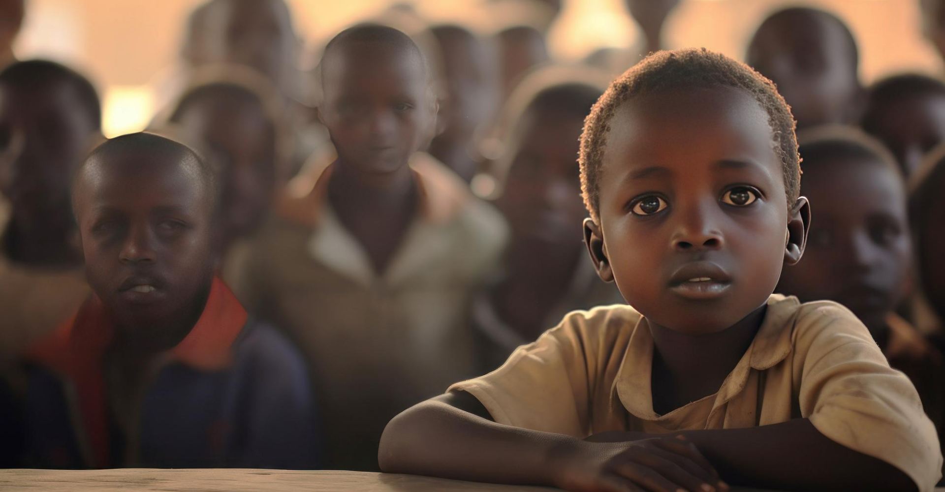 A child in a classroom, surrounded by fellow students